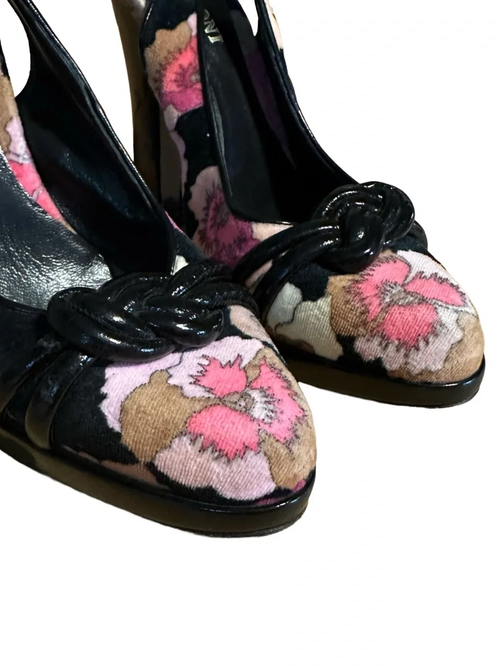 MISSONI BLACK & PINK VELVET FLORAL PRINT SLINGBACK HEELS (36.5)
